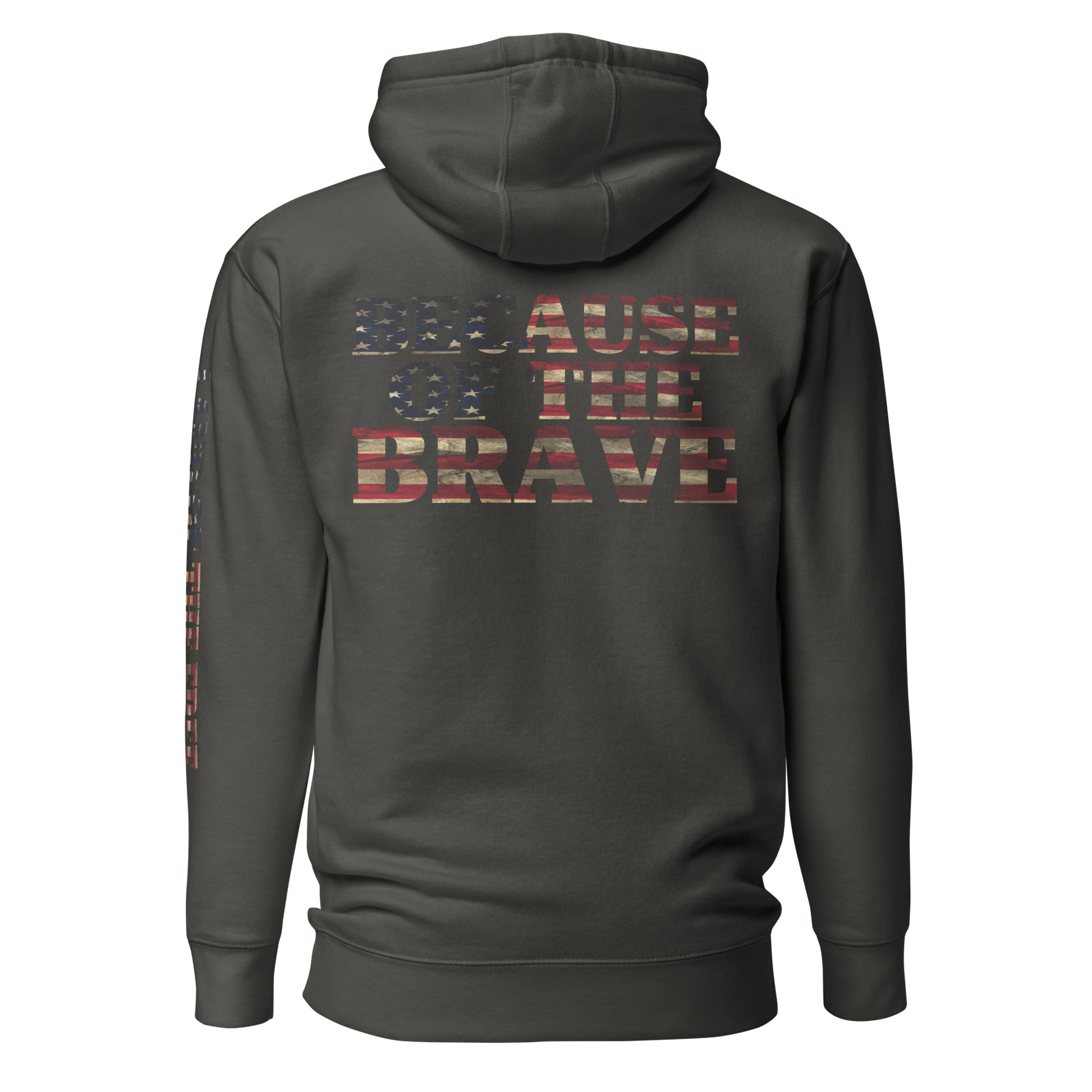 Vintage black hoodie with American flag fille words because of the brave on the back and land of the free on the sleeve #vintageblack