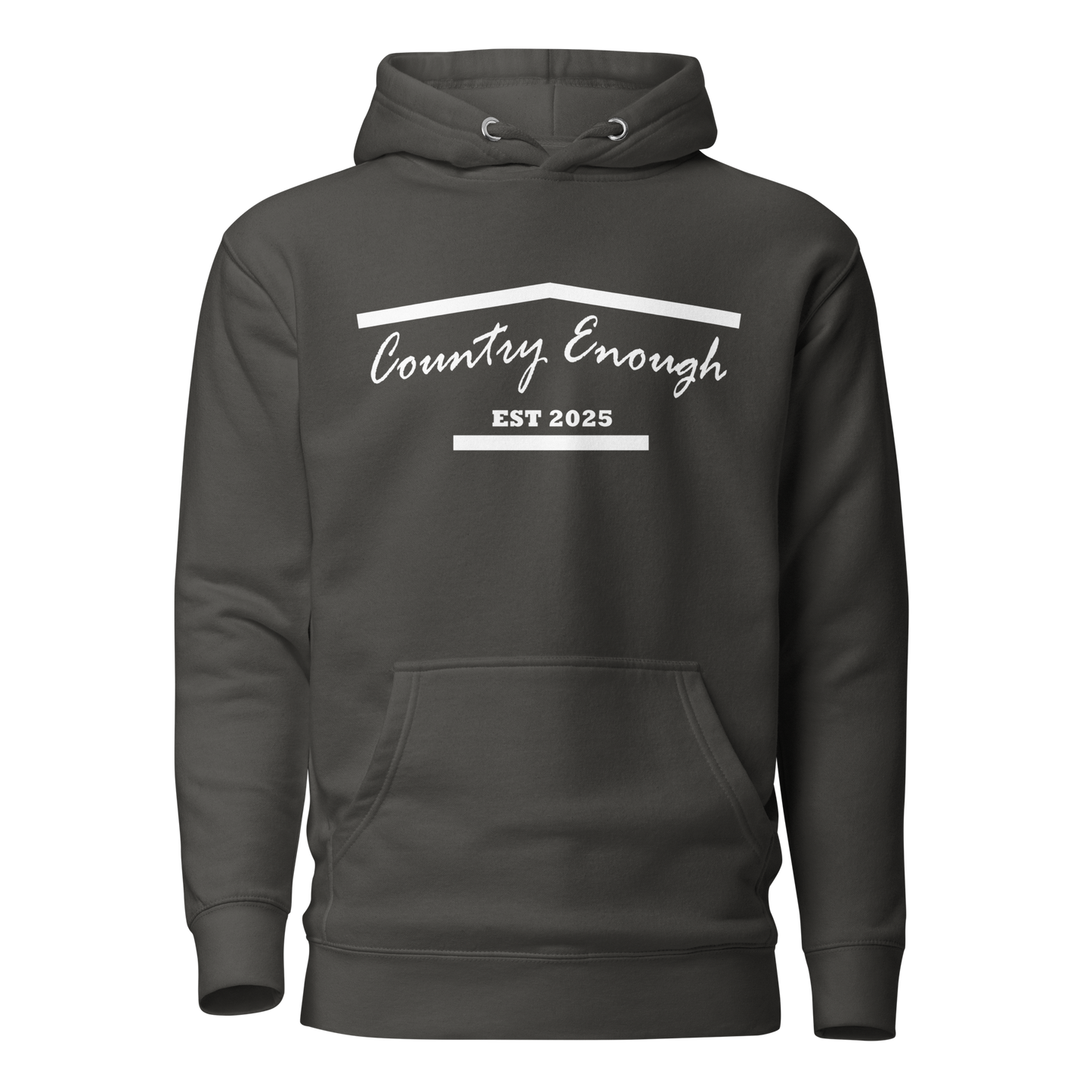 Vintage Black hoodie with graphic of the outline of a house and the words country enough est 2025 #vintageblack