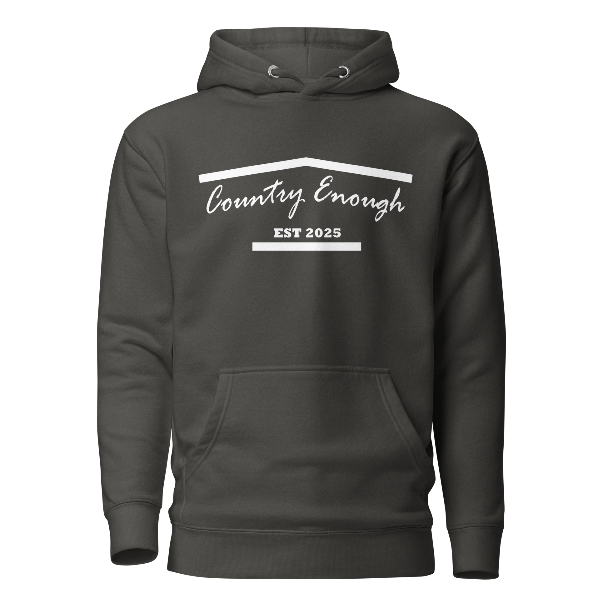 Vintage Black hoodie with graphic of the outline of a house and the words country enough est 2025 #vintageblack
