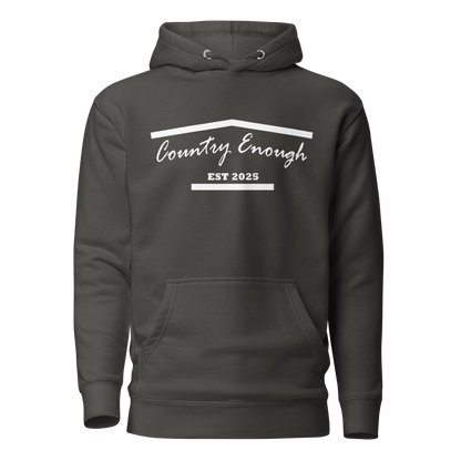 Vintage Black hoodie with graphic of the outline of a house and the words country enough est 2025 #vintageblack