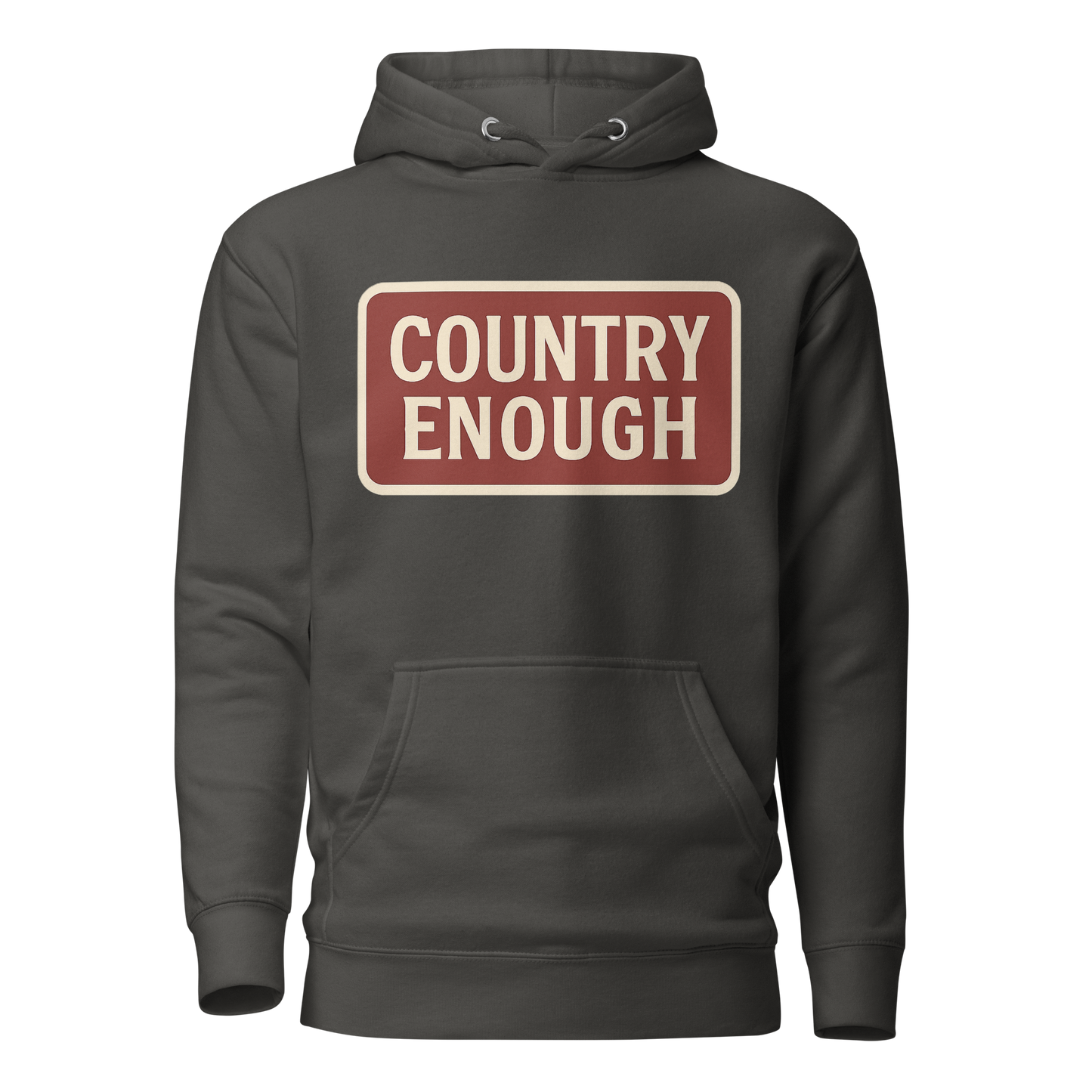 Vintage Black hoodie with rounded box graphic of the words country enough in a cream and maroon design #vintageblack