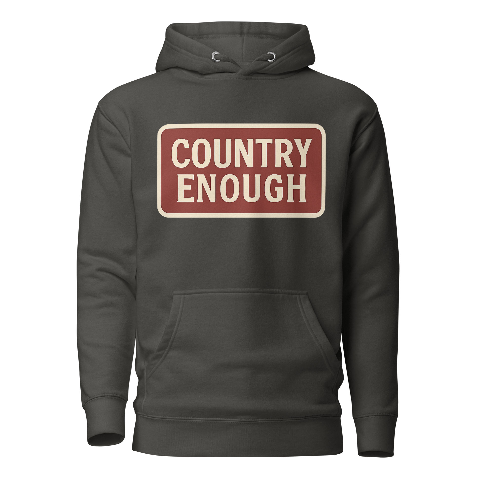 Vintage Black hoodie with rounded box graphic of the words country enough in a cream and maroon design #vintageblack