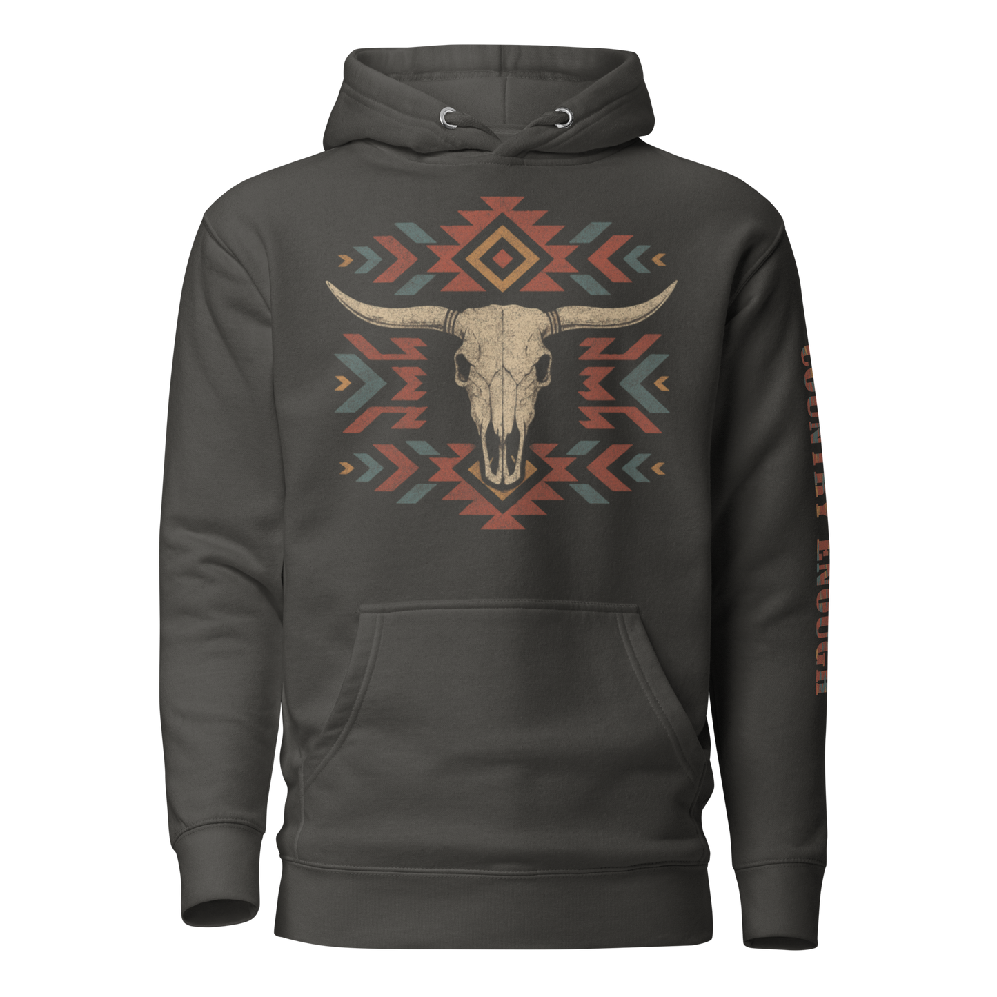 Vintage Black hoodie with graphic of aztec patter, bull skull, and the words country enough #vintageblack