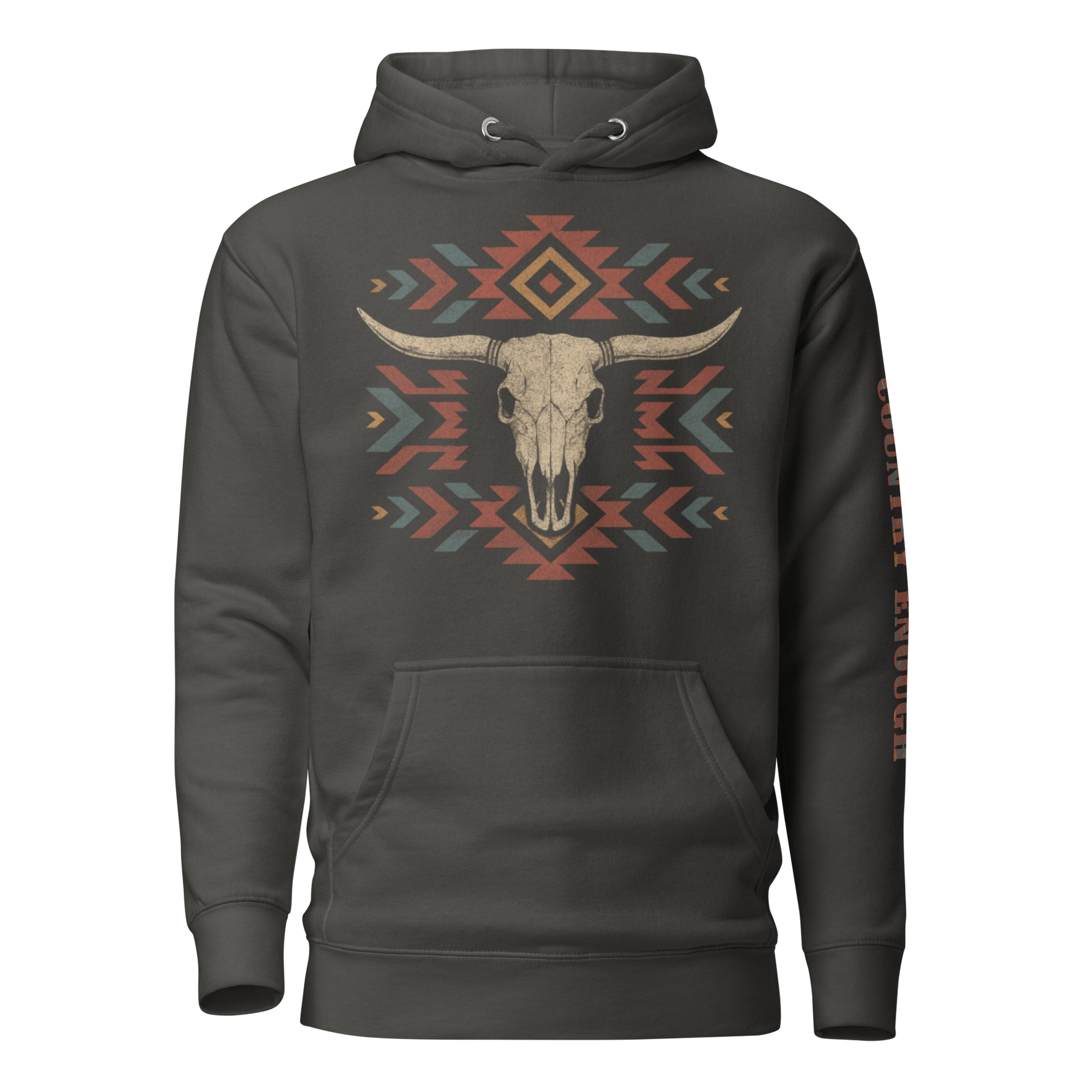 Vintage Black hoodie with graphic of aztec patter, bull skull, and the words country enough #vintageblack