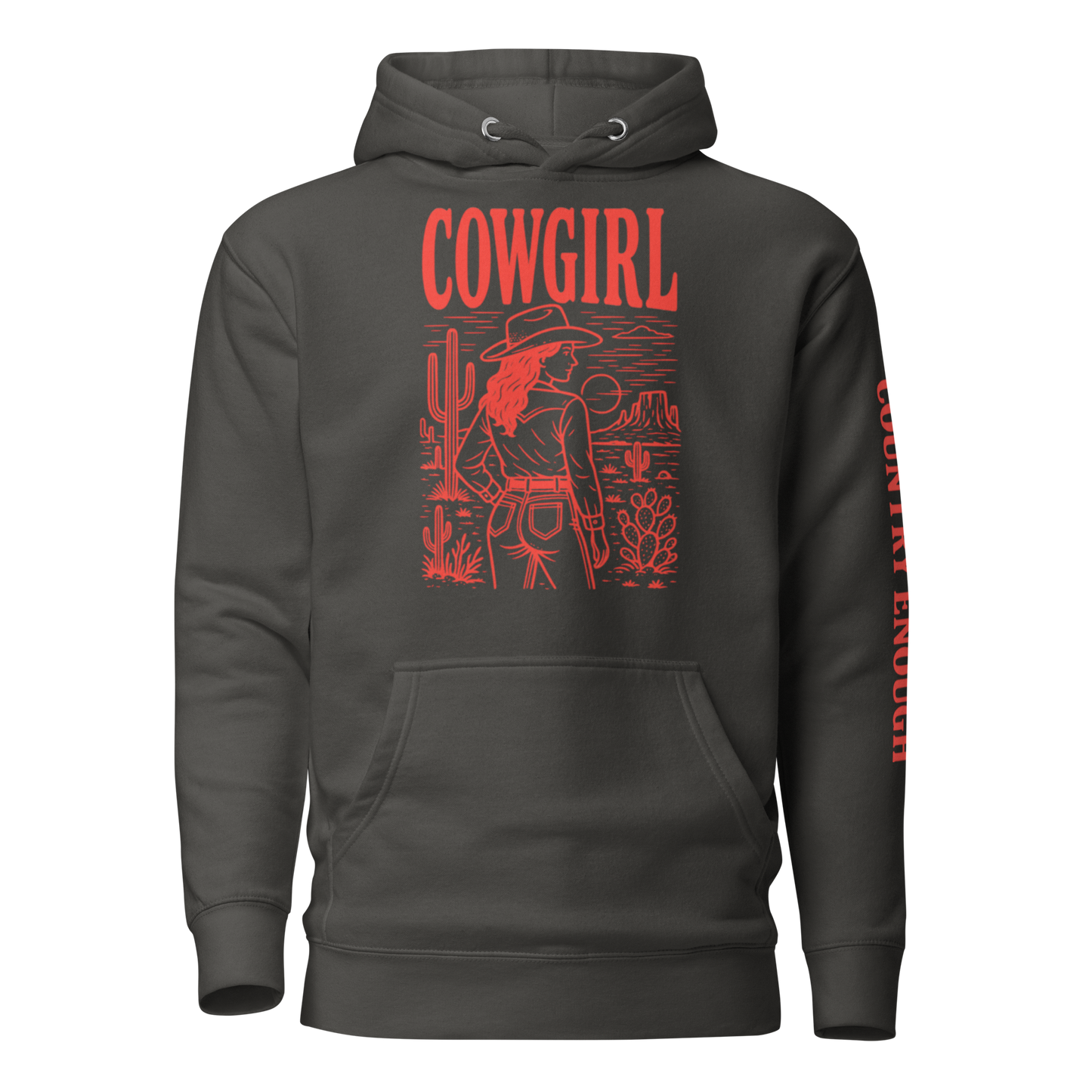 Vintage Black hoodie with graphic of cowgirl in front of a desert landscape #vintageblack