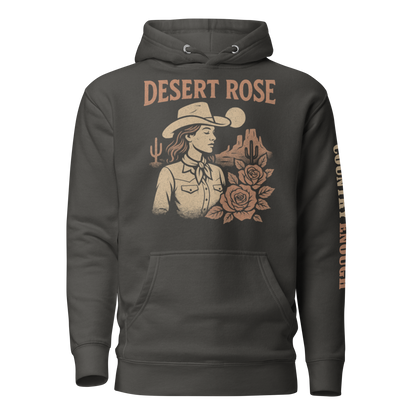 Vintage Black hoodie with graphic of cowgirl, roses, sun, and desert landscape #vintageblack