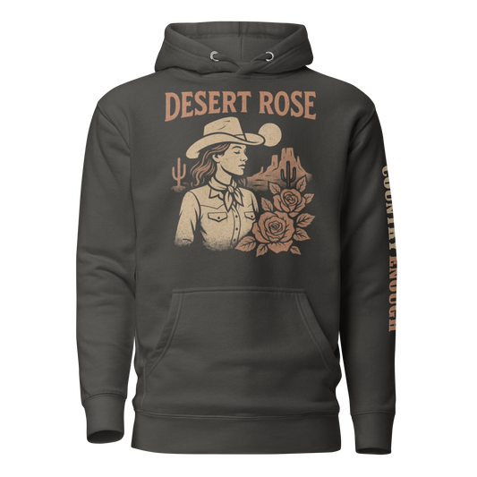 Vintage Black hoodie with graphic of cowgirl, roses, sun, and desert landscape #vintageblack