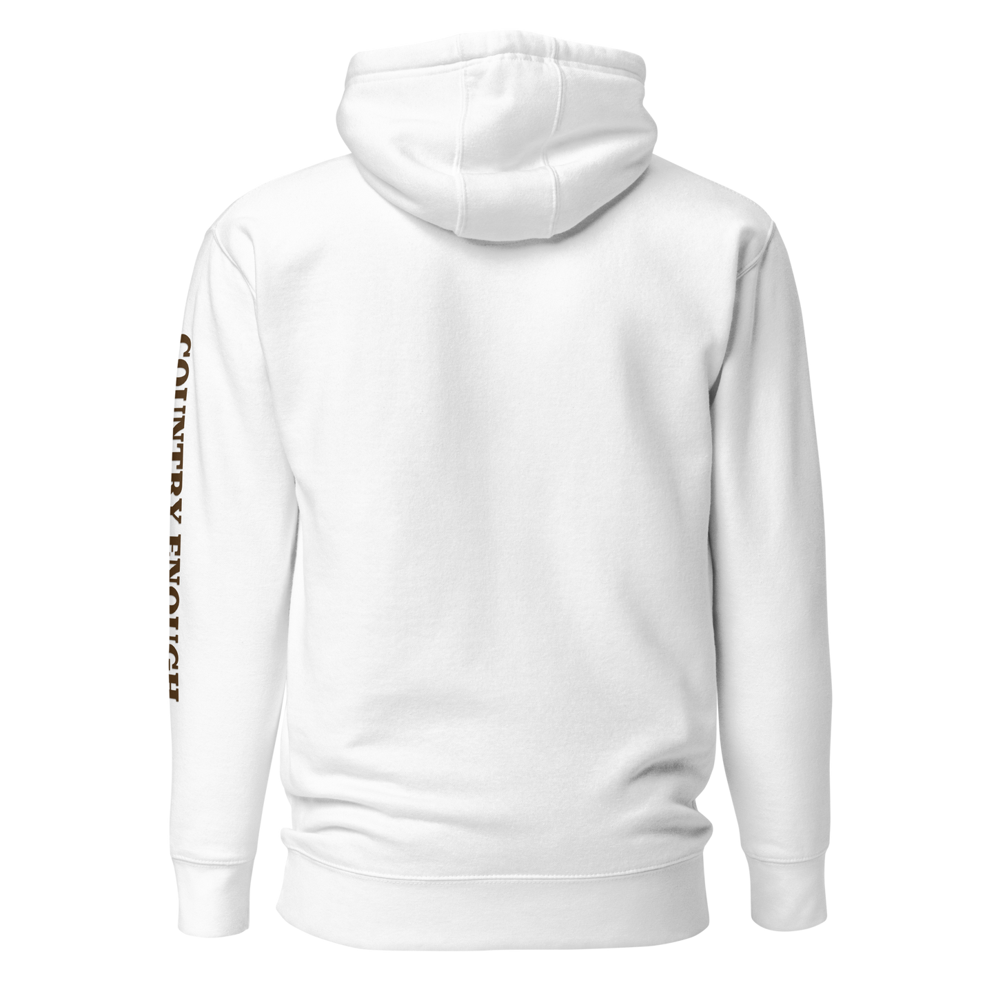 White hoodie with a chest logo that includes a based, sunset, mountains, and the words country enough #white