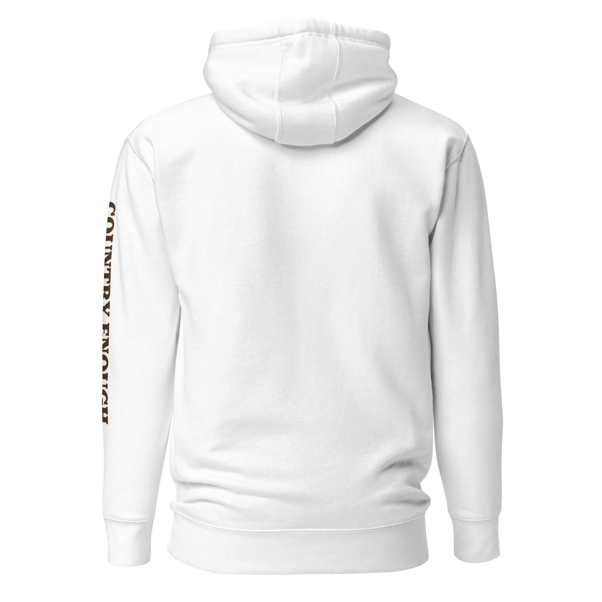 White hoodie with a chest logo that includes a based, sunset, mountains, and the words country enough #white