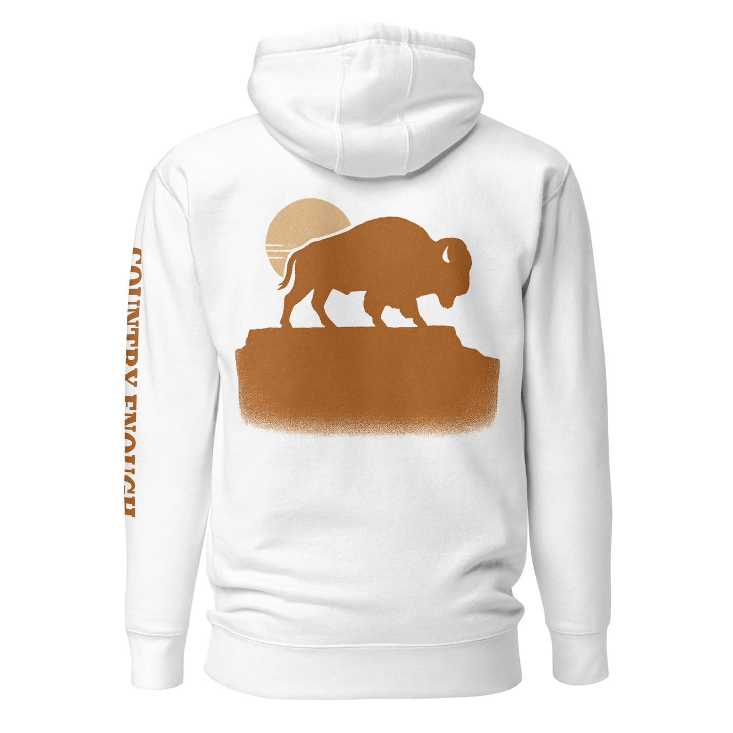 White hoodie with graphic of bison atop a plateau, the sun behind, and the words country enough #white