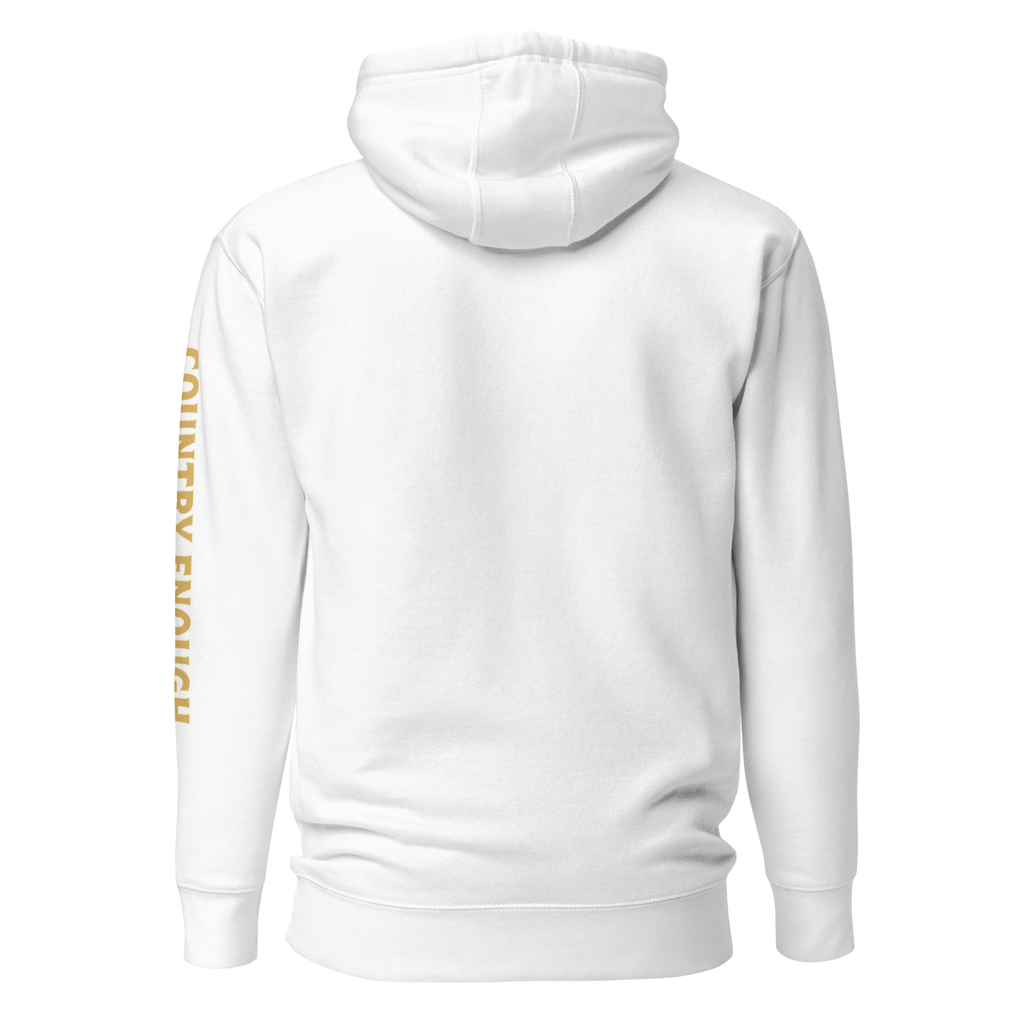White hoodie with circular graphic of a cowboy, horse, campfire, sun, cacti and desert landscape with words country enough #white