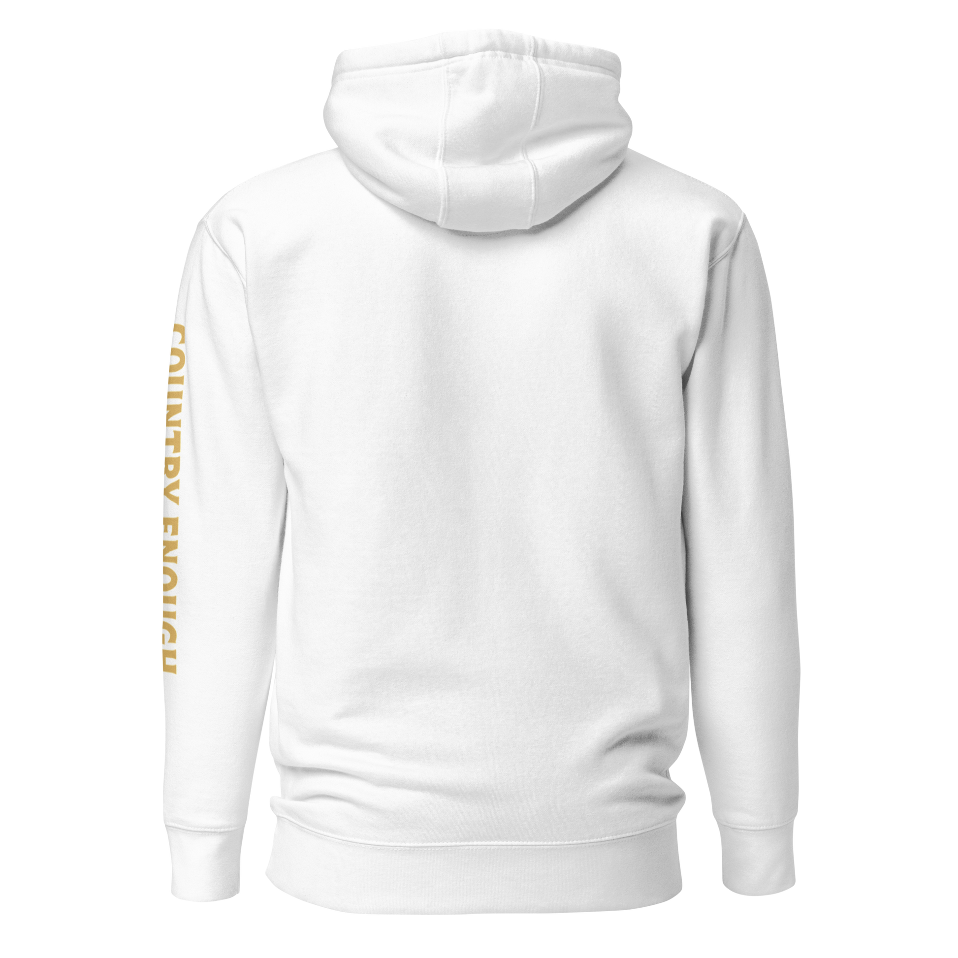 White hoodie with circular graphic of a cowboy, horse, campfire, sun, cacti and desert landscape with words country enough #white