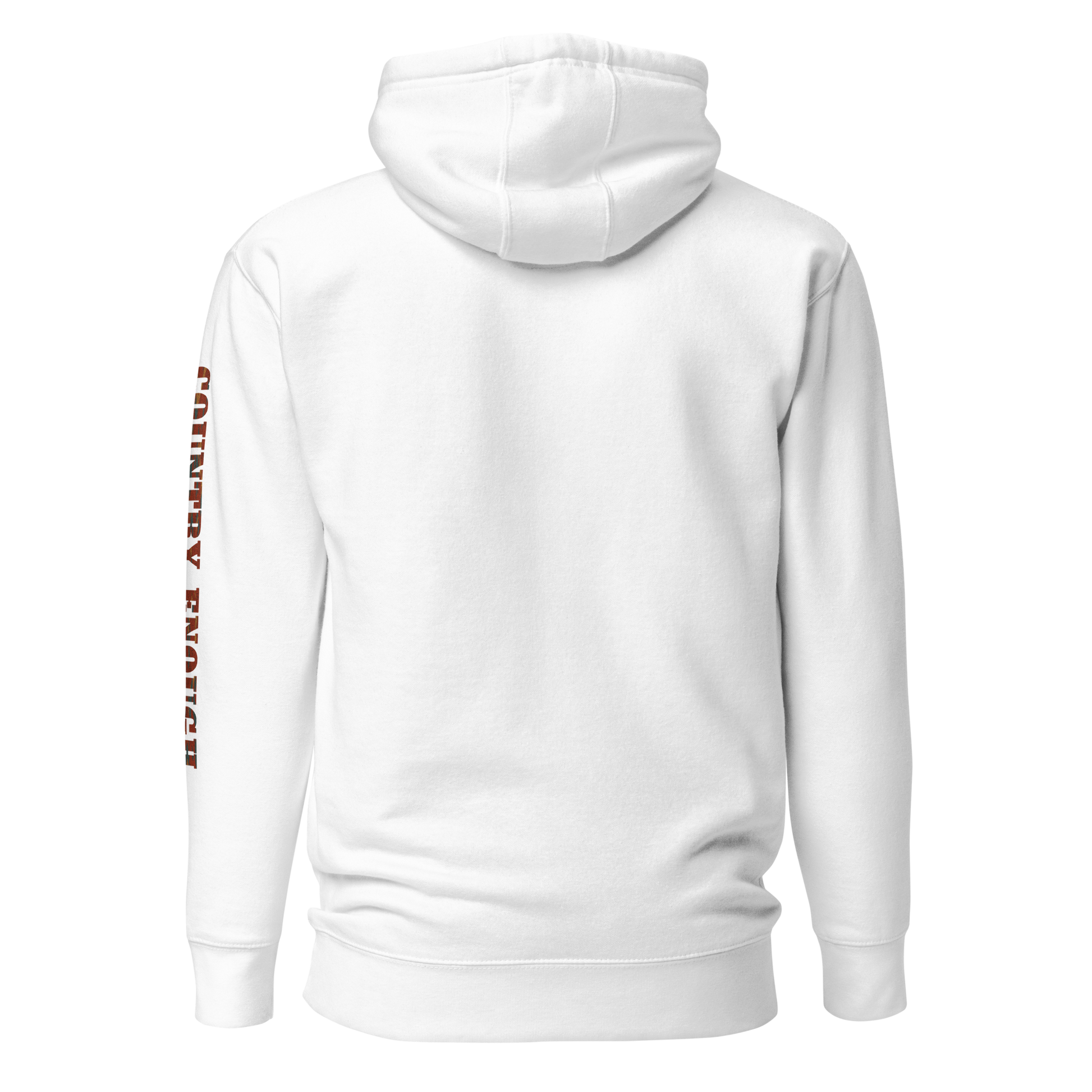 White hoodie with graphic of aztec patter, bull skull, and the words country enough #white