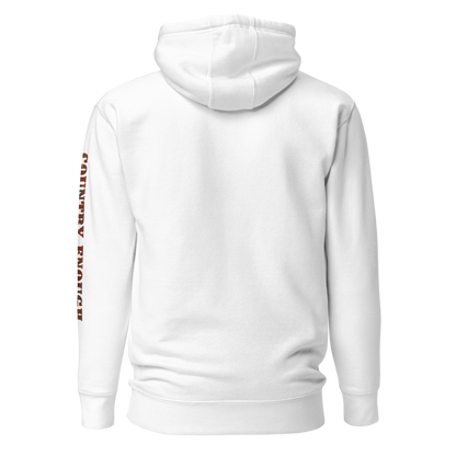 White hoodie with graphic of aztec patter, bull skull, and the words country enough #white