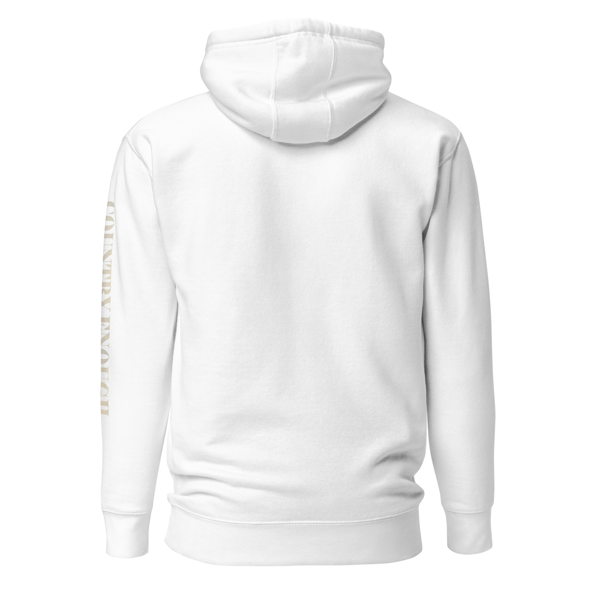 White hoodie with graphic of a cowgirl silhouette in a light pink color with words country enough #white