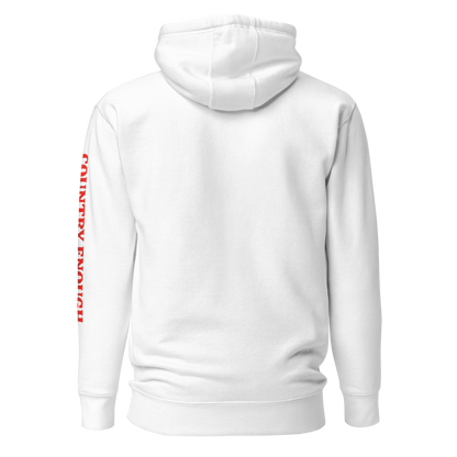 White hoodie with graphic of cowgirl in front of a desert landscape #white