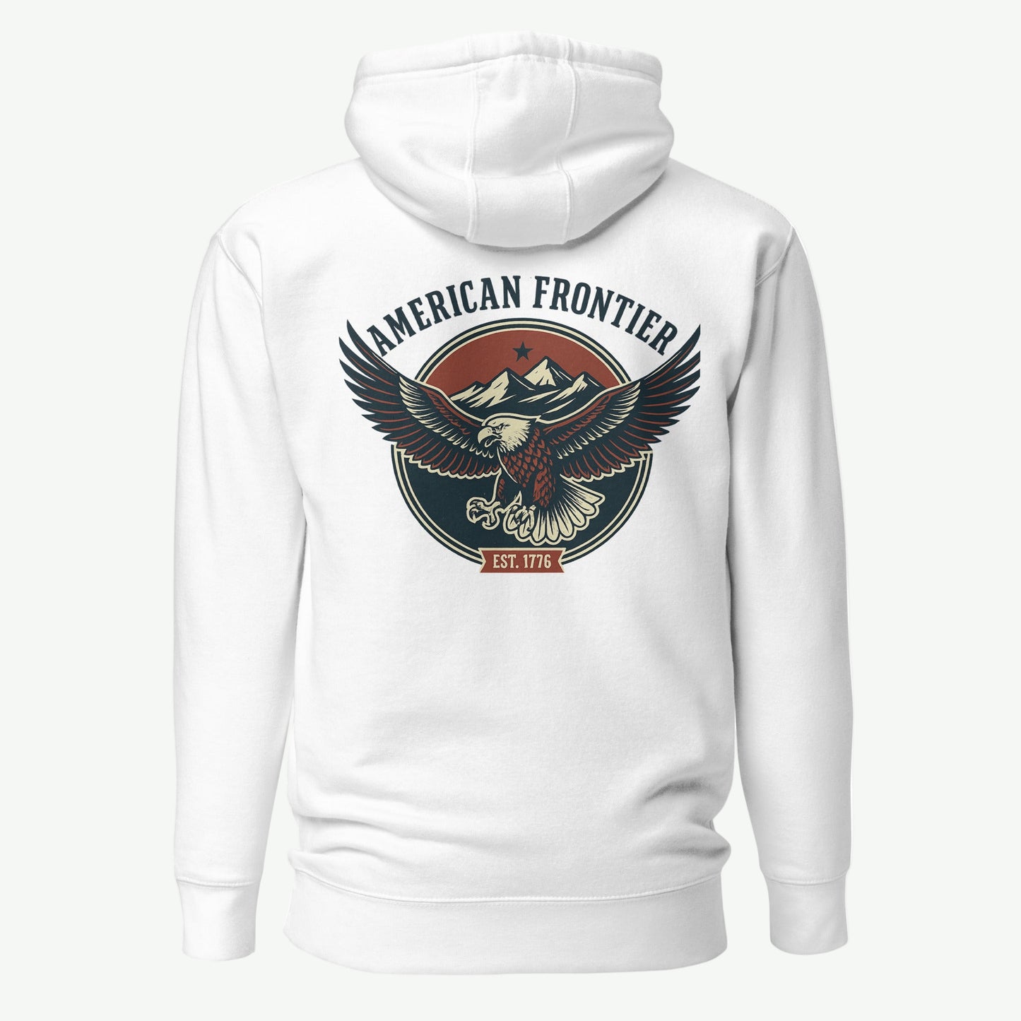 White hoodie with an eagle and mountains in red, white, and blue with words American Frontier EST 1776 #white