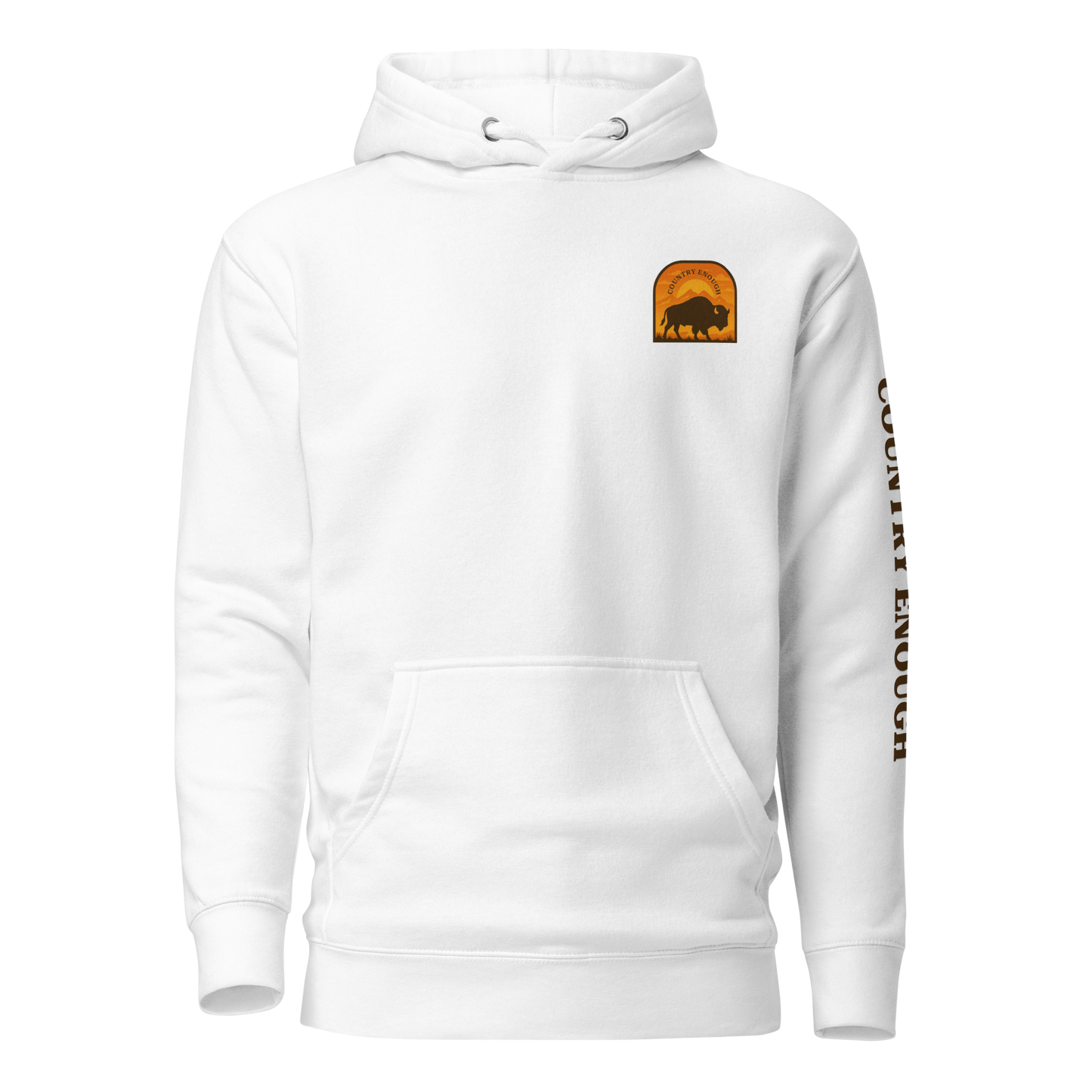 White hoodie with a chest logo that includes a based, sunset, mountains, and the words country enough #white