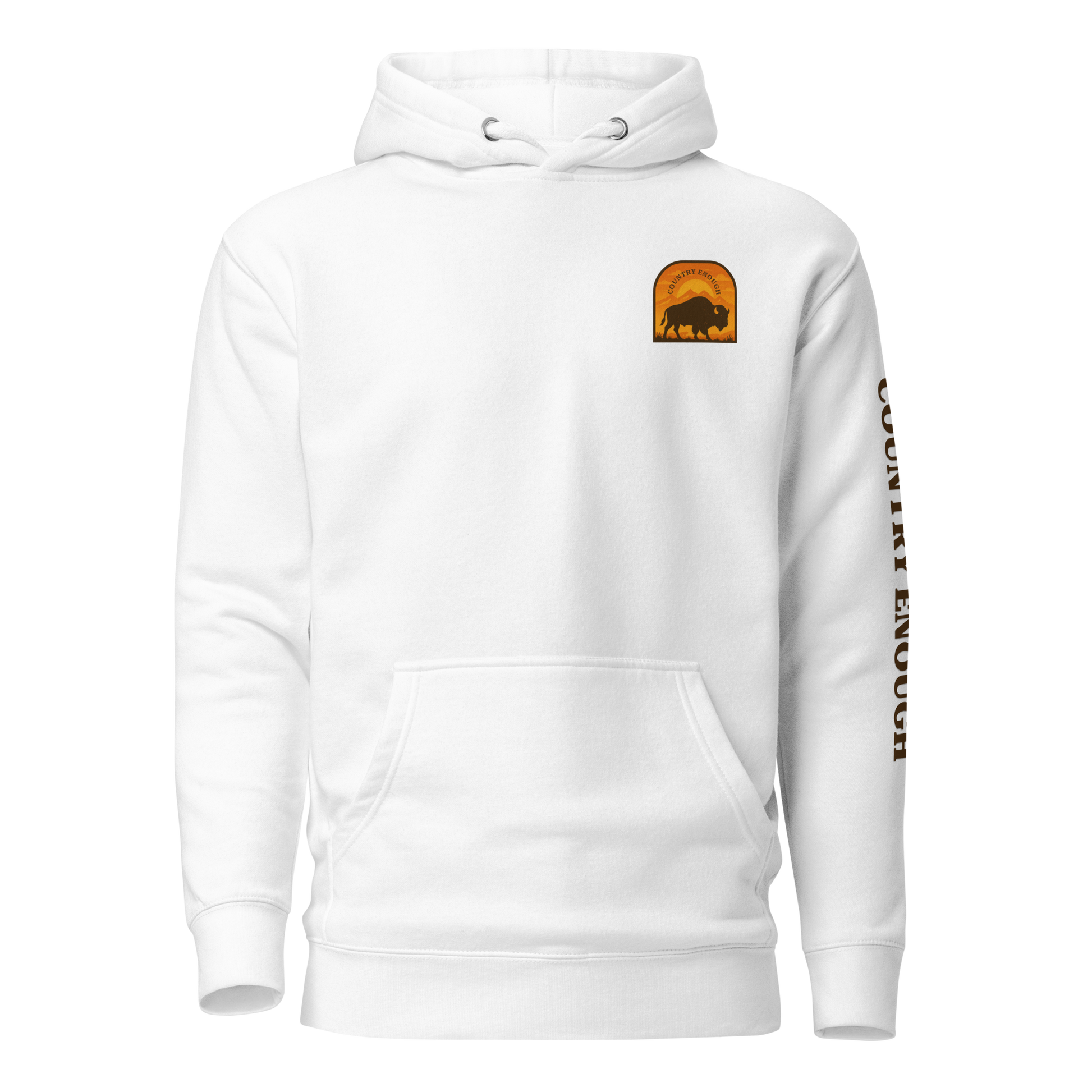 White hoodie with a chest logo that includes a based, sunset, mountains, and the words country enough #white