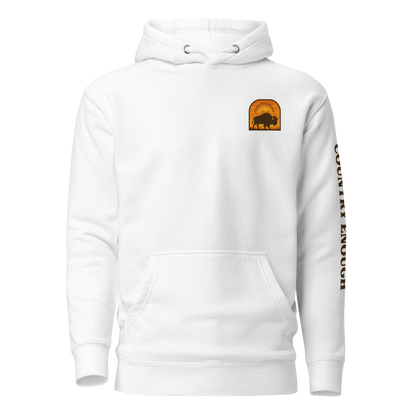 White hoodie with a chest logo that includes a based, sunset, mountains, and the words country enough #white