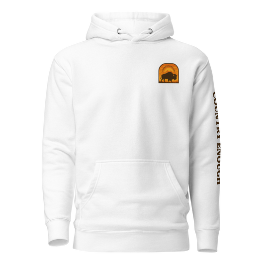 White hoodie with a chest logo that includes a based, sunset, mountains, and the words country enough #white