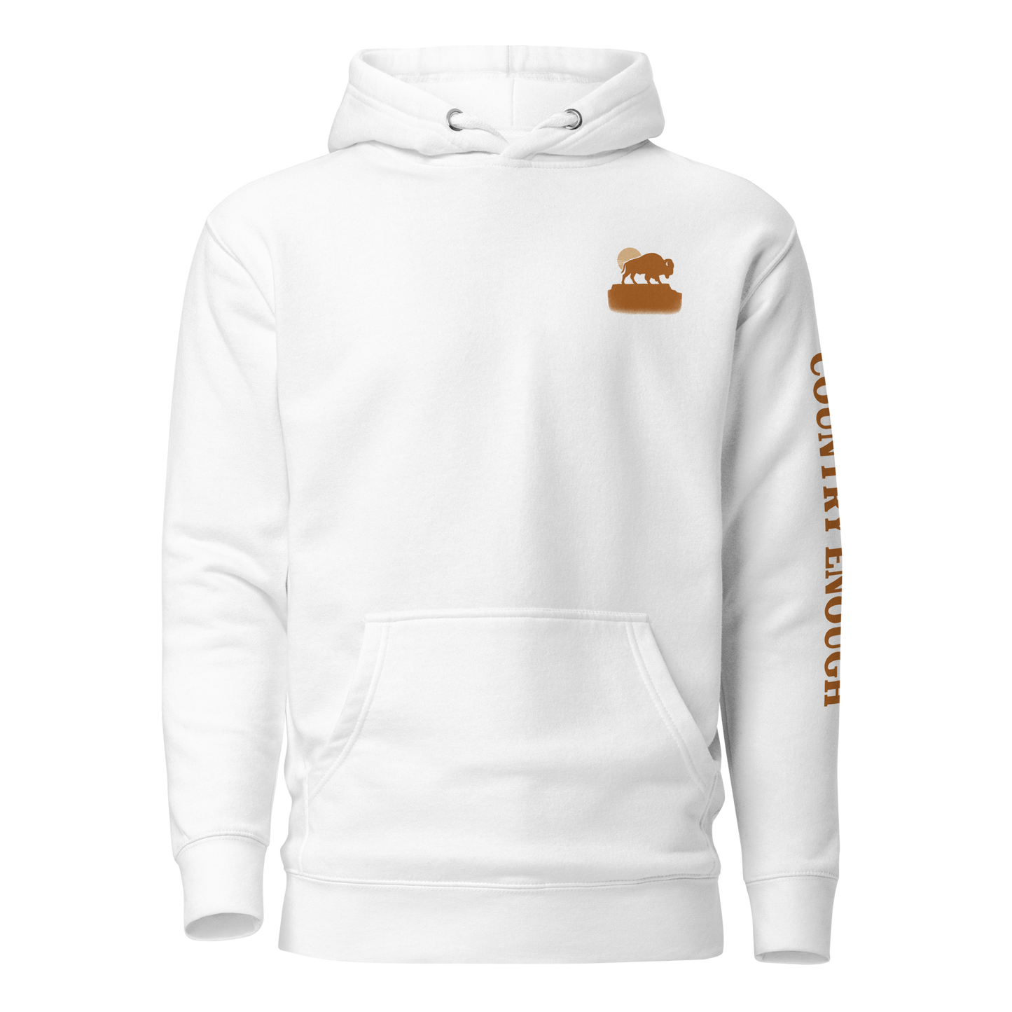 White hoodie with graphic of bison atop a plateau, the sun behind, and the words country enough #white