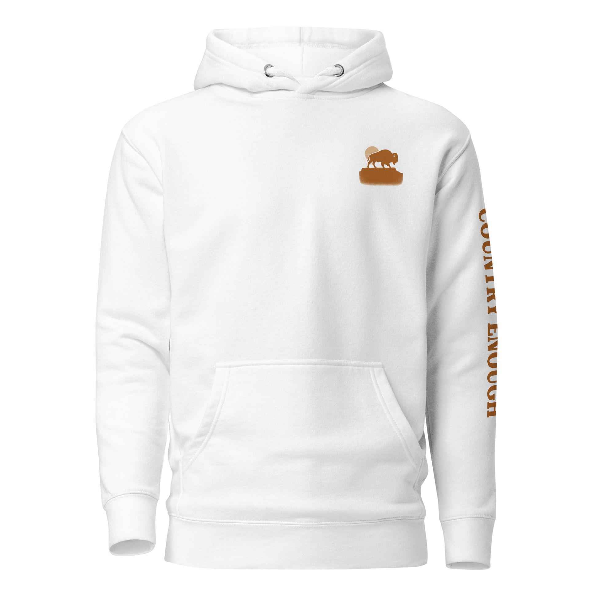 White hoodie with graphic of bison atop a plateau, the sun behind, and the words country enough #white