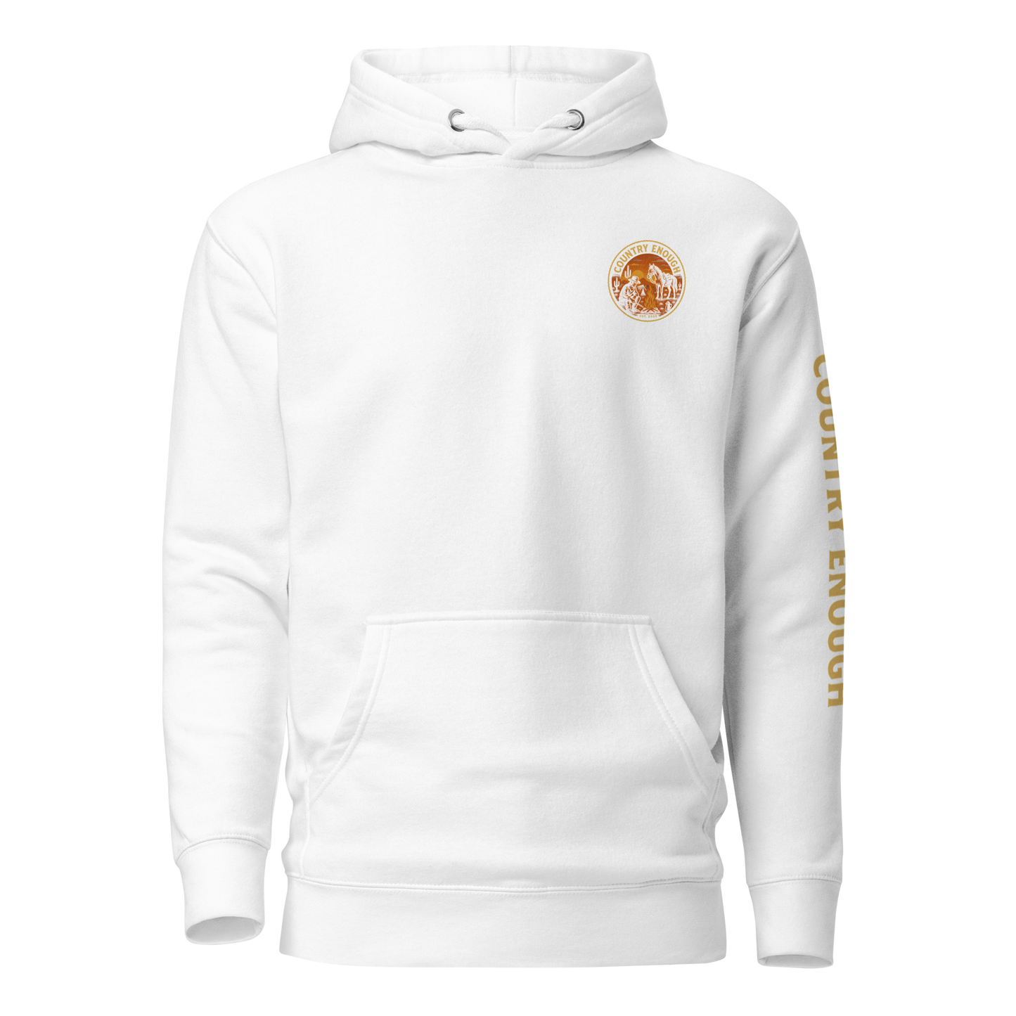 White hoodie with circular graphic of a cowboy, horse, campfire, sun, cacti and desert landscape with words country enough #white