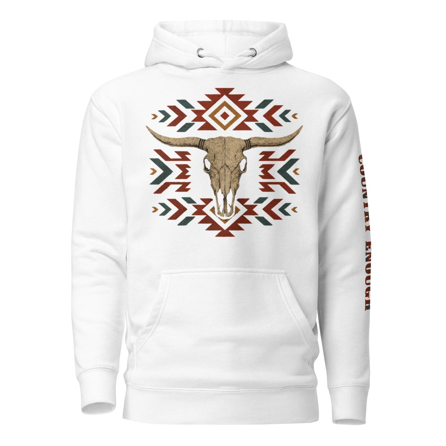 White hoodie with graphic of aztec patter, bull skull, and the words country enough #white