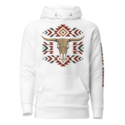 White hoodie with graphic of aztec patter, bull skull, and the words country enough #white