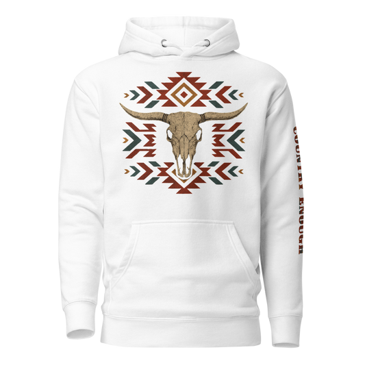 White hoodie with graphic of aztec patter, bull skull, and the words country enough #white