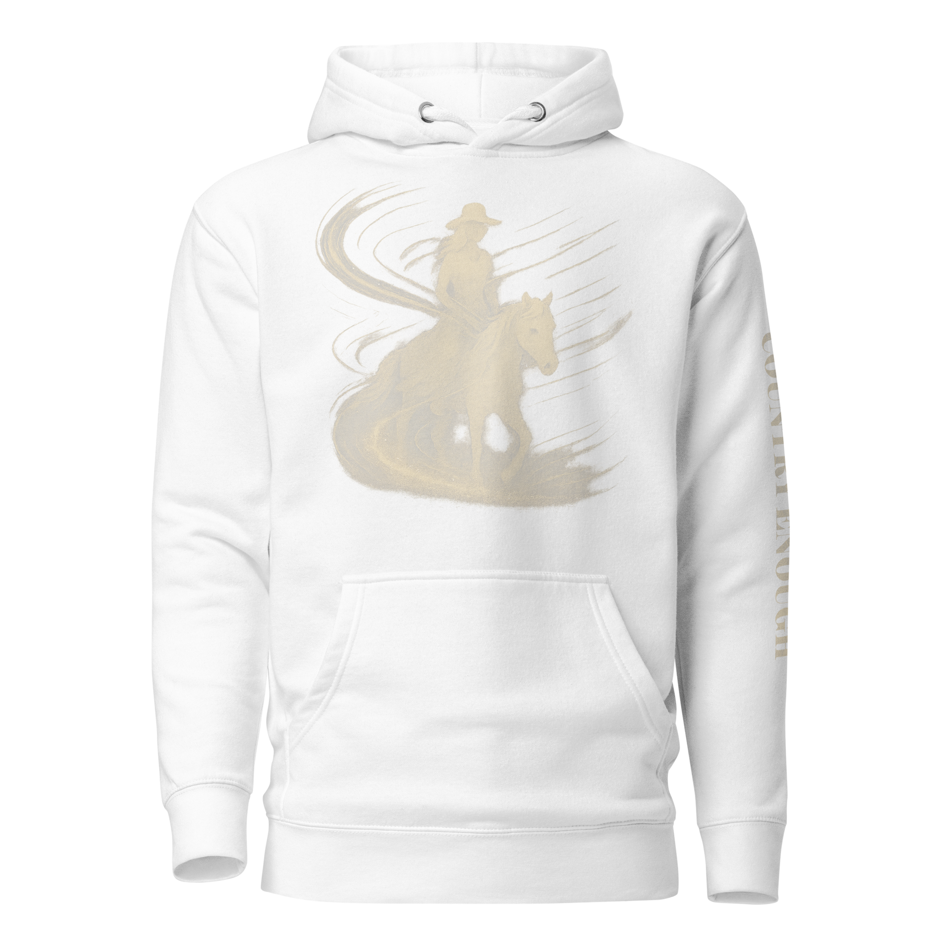 White hoodie with graphic of a cowgirl silhouette in a light pink color with words country enough #white