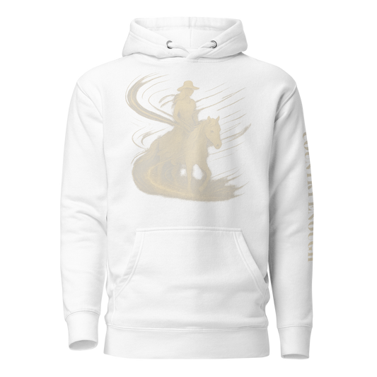 White hoodie with graphic of a cowgirl silhouette in a light pink color with words country enough #white