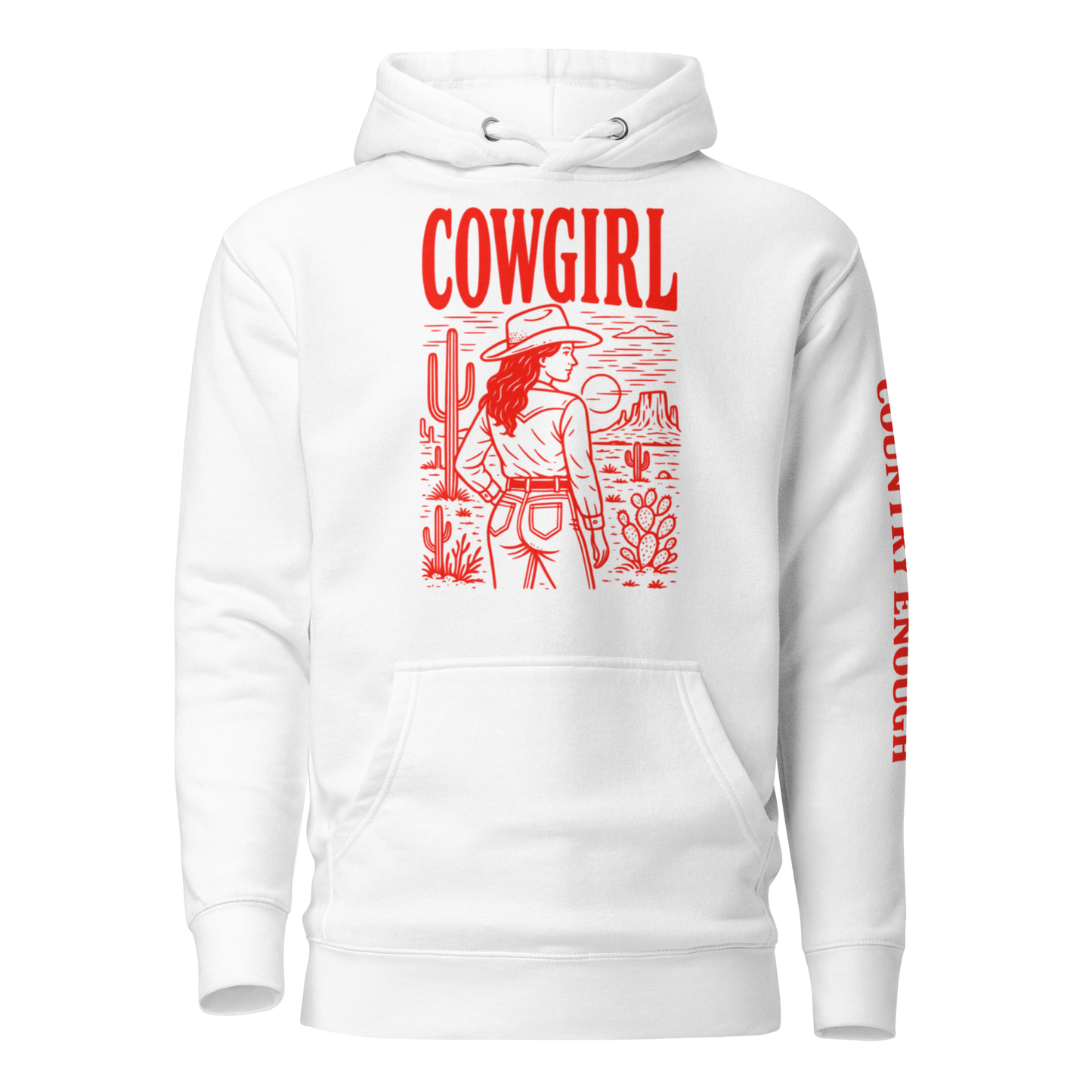 White hoodie with graphic of cowgirl in front of a desert landscape #white