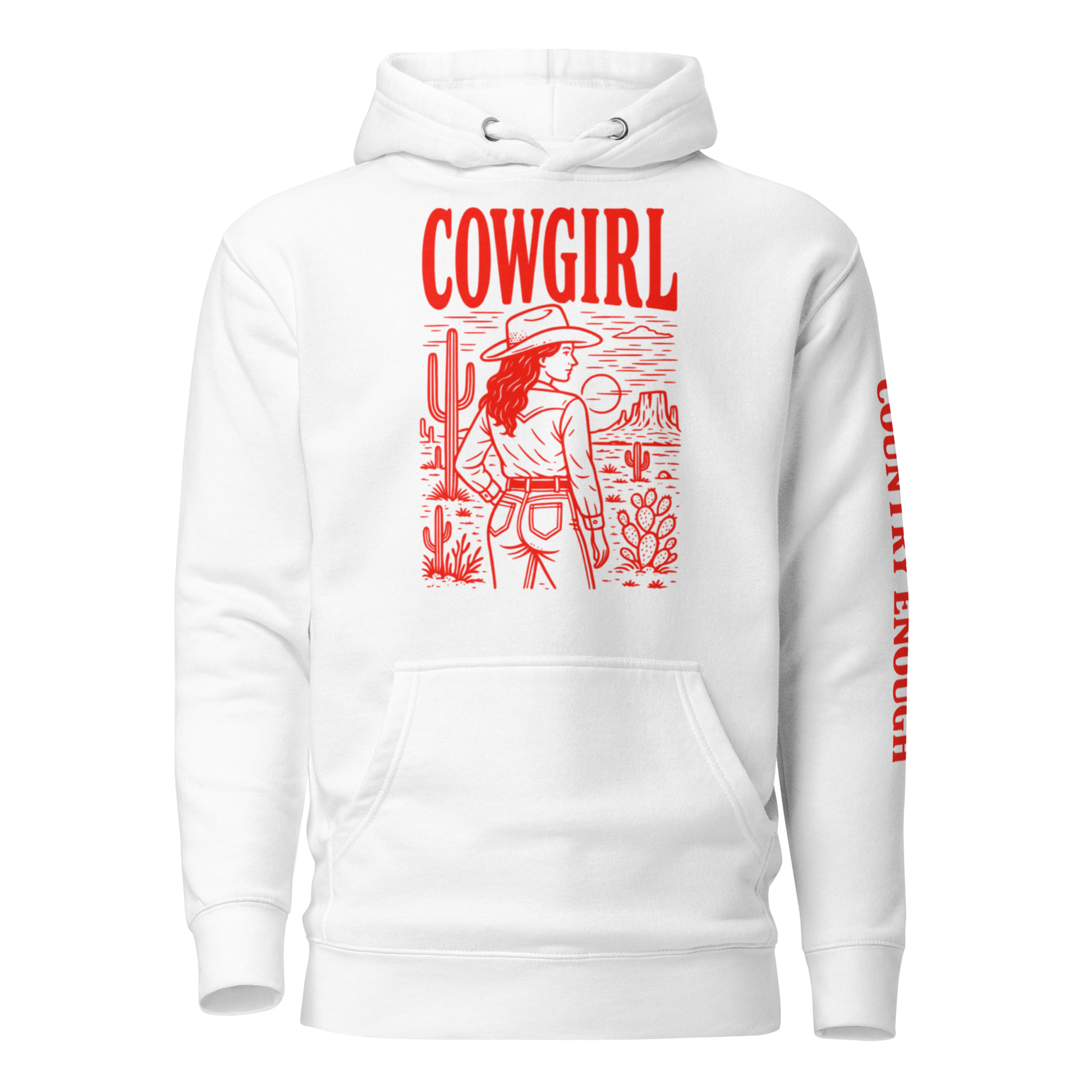 White hoodie with graphic of cowgirl in front of a desert landscape #white