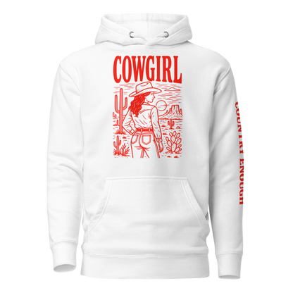 White hoodie with graphic of cowgirl in front of a desert landscape #white