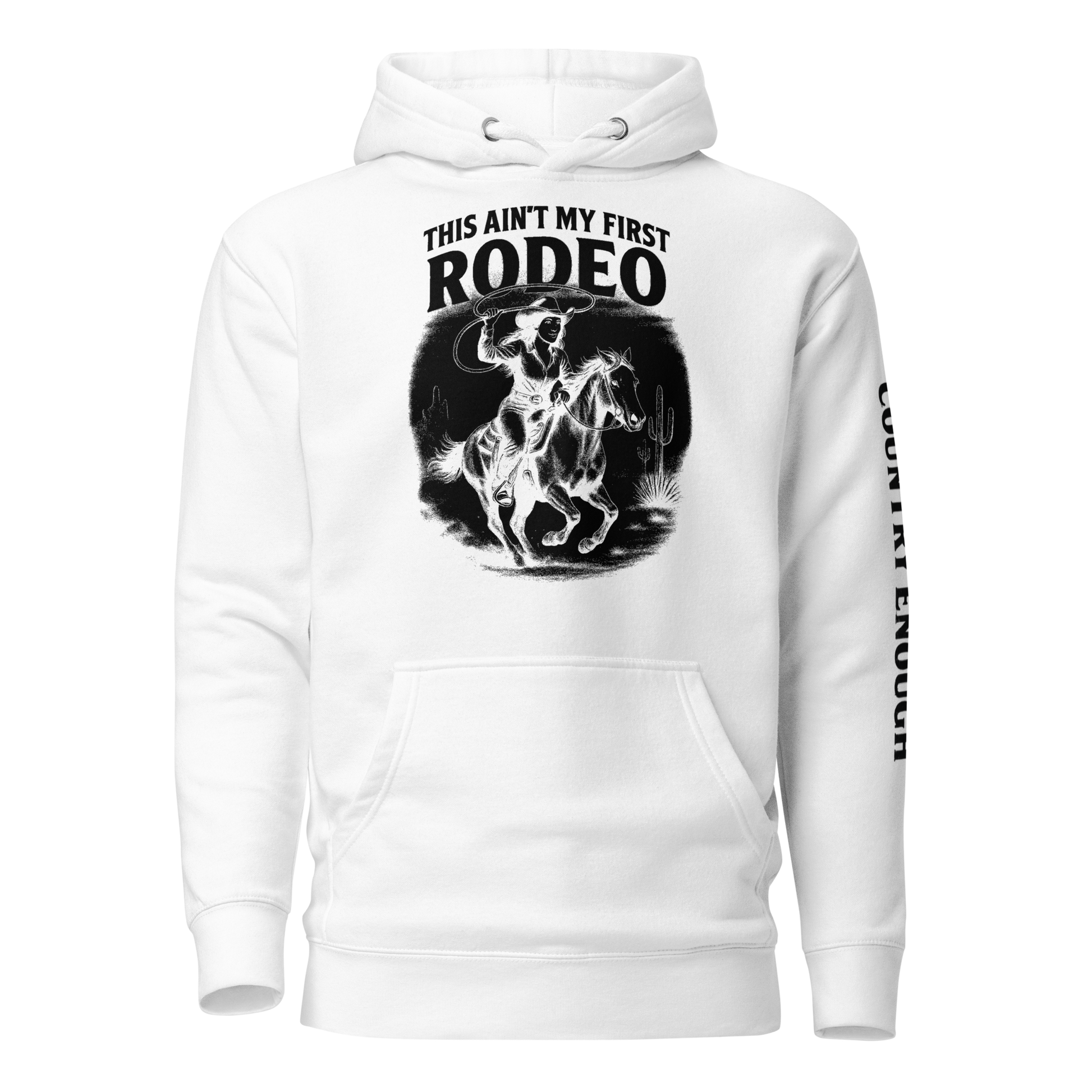 White hoodie with graphic of cowgirl and horse, western landscape, and words this ain't my first rodeo #white