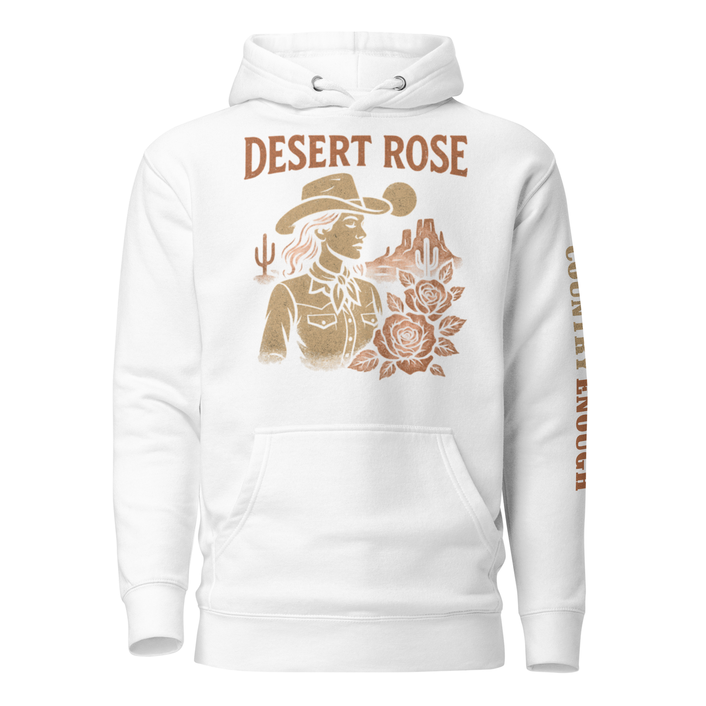 White hoodie with graphic of cowgirl, roses, sun, and desert landscape #white