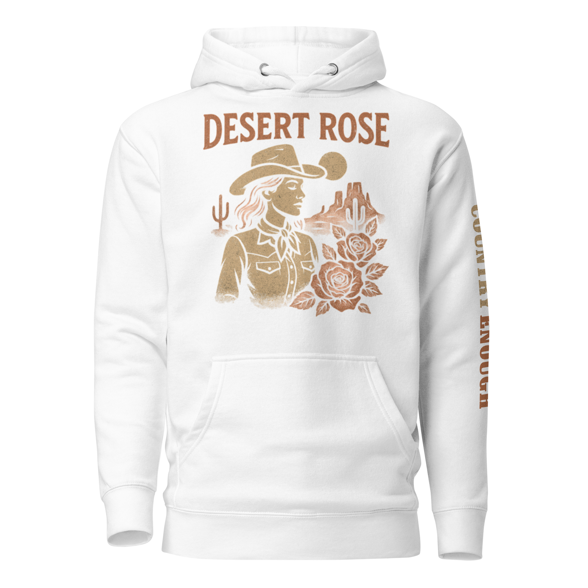 White hoodie with graphic of cowgirl, roses, sun, and desert landscape #white