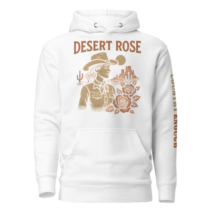 White hoodie with graphic of cowgirl, roses, sun, and desert landscape #white