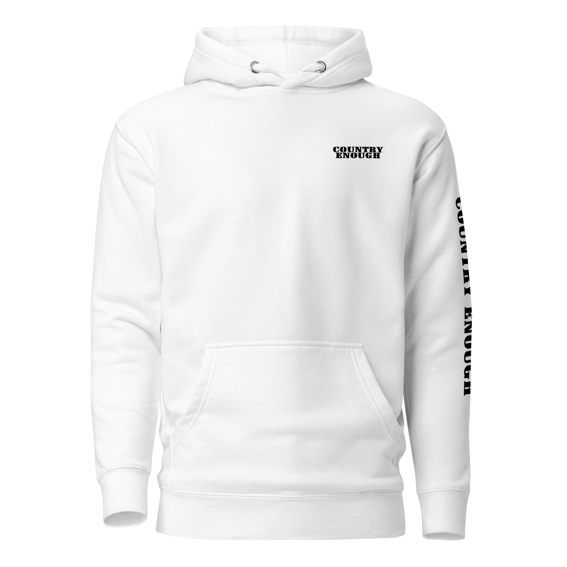 White hoodie with graphic of the words country enough #white