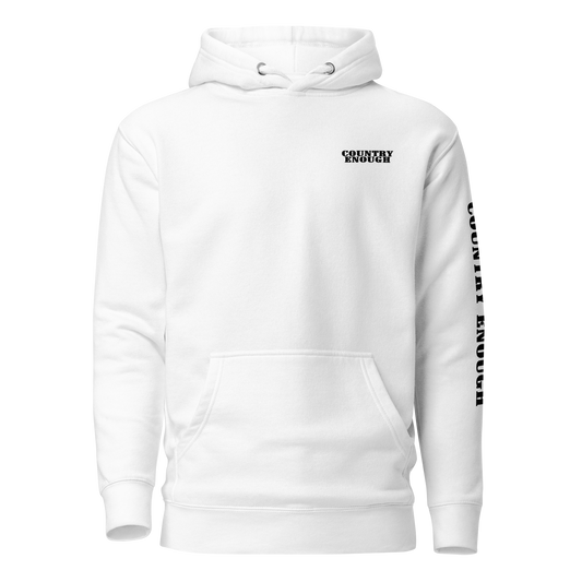 White hoodie with graphic of the words country enough #white