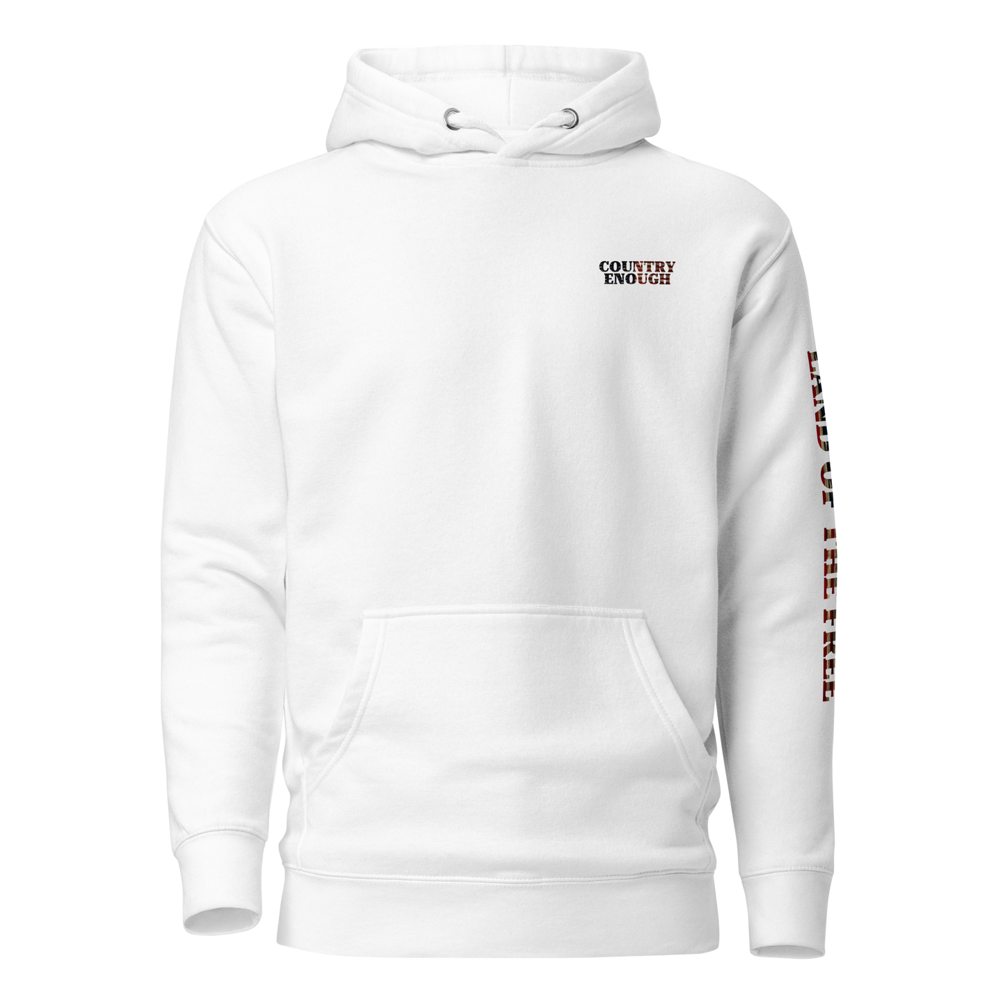 White hoodie with American flag fille words because of the brave on the back and land of the free on the sleeve #white