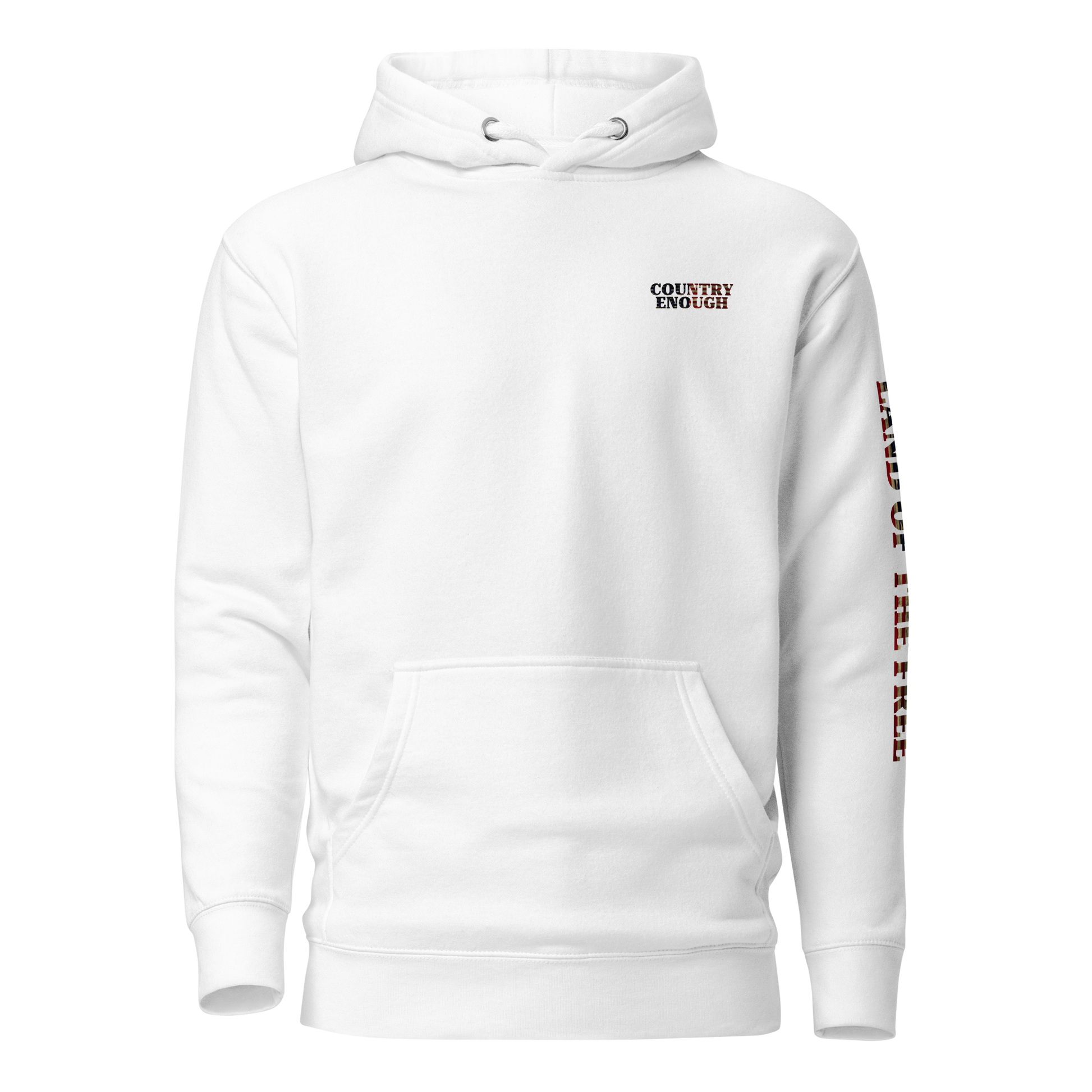 White hoodie with American flag fille words because of the brave on the back and land of the free on the sleeve #white