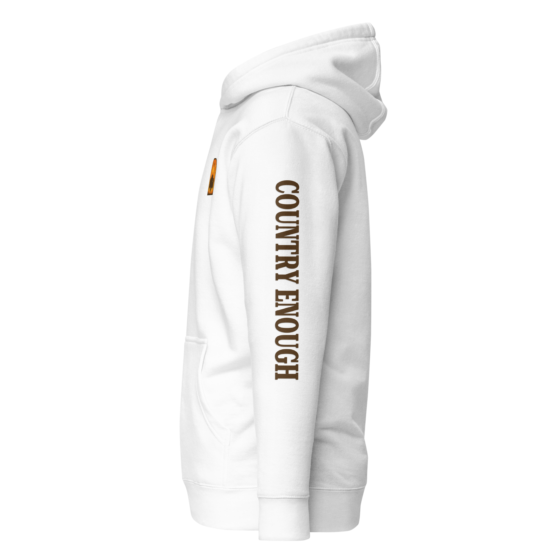 White hoodie with a chest logo that includes a based, sunset, mountains, and the words country enough #white