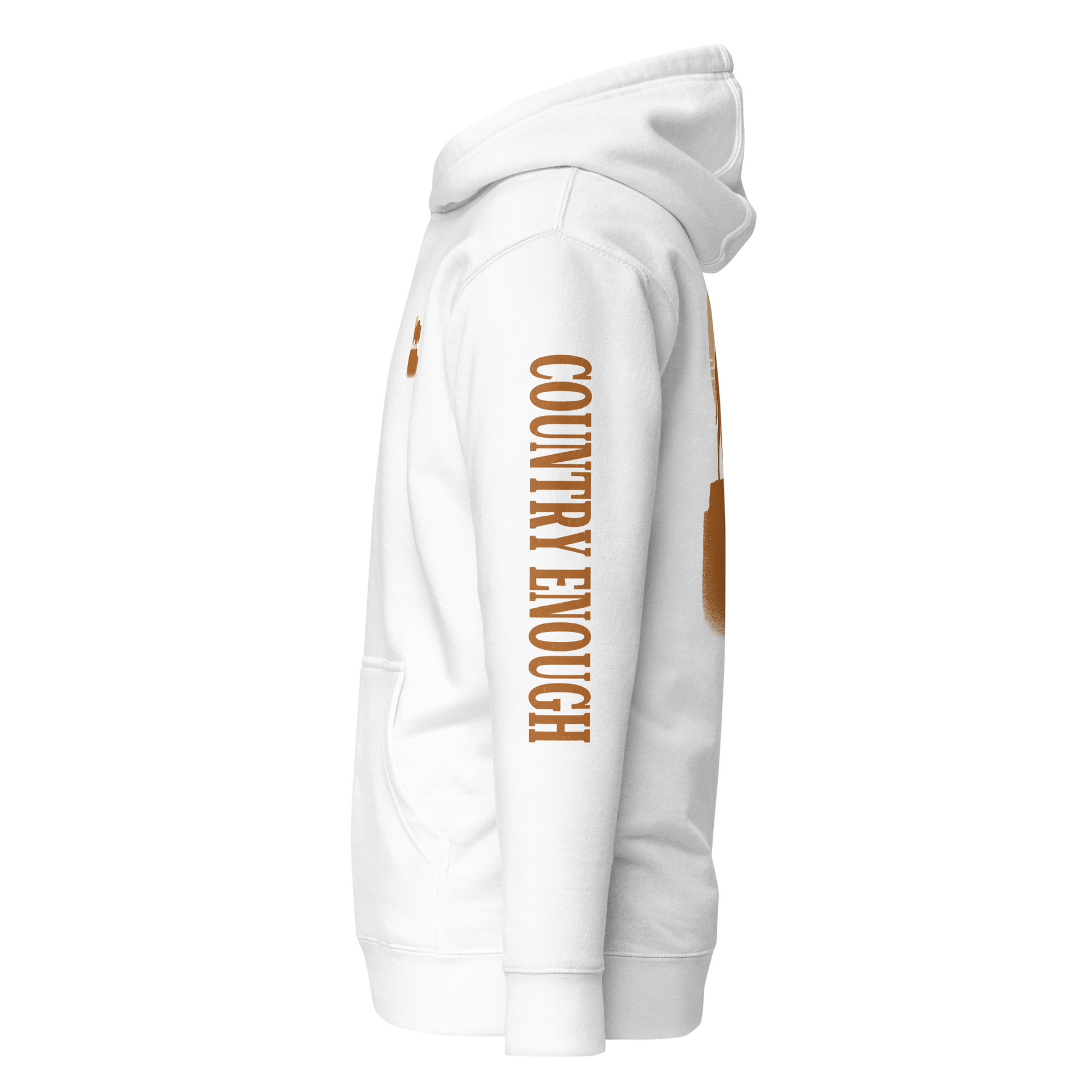 White hoodie with graphic of bison atop a plateau, the sun behind, and the words country enough #white