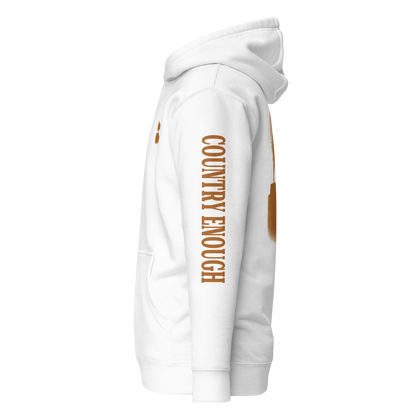 White hoodie with graphic of bison atop a plateau, the sun behind, and the words country enough #white