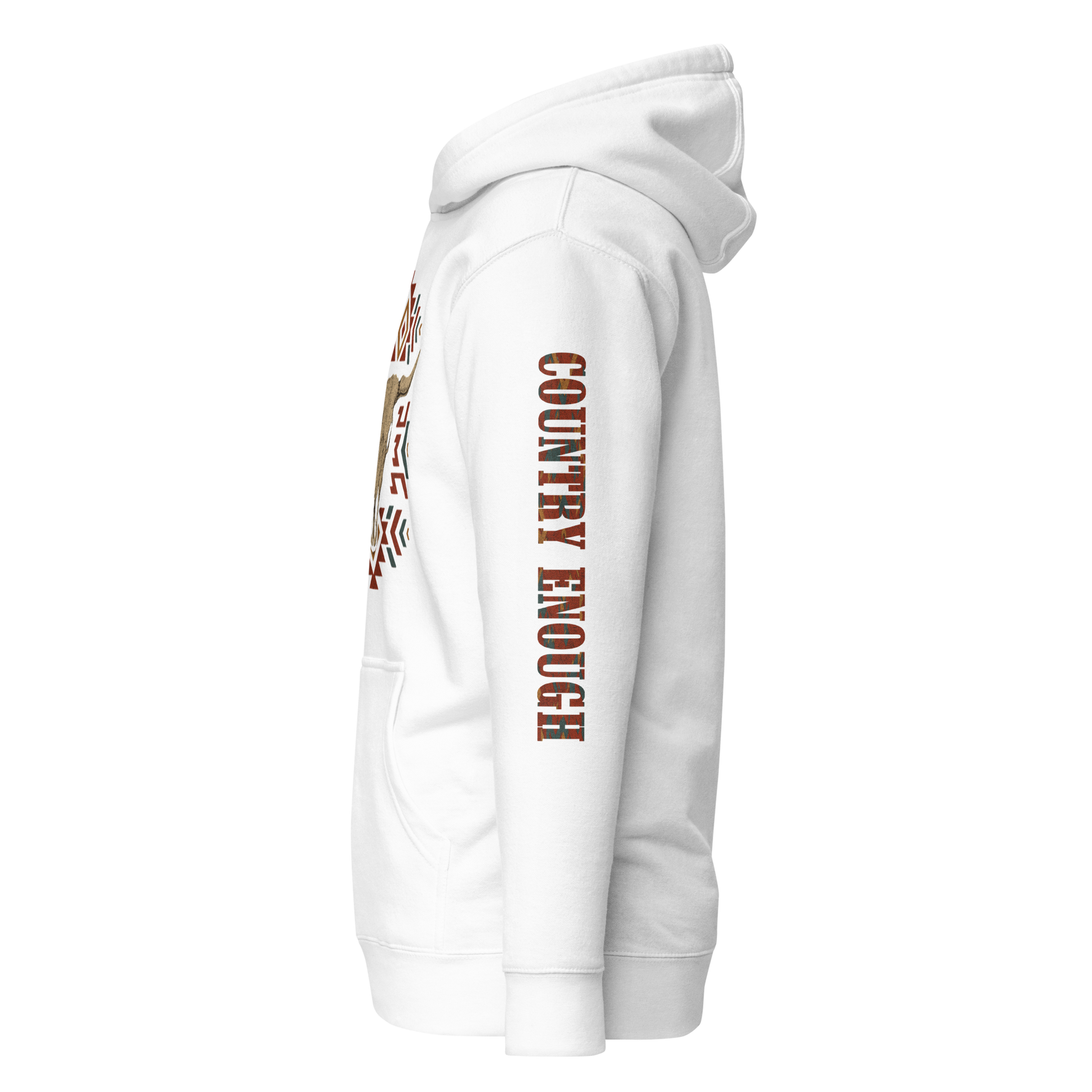 White hoodie with graphic of aztec patter, bull skull, and the words country enough #white