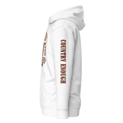 White hoodie with graphic of aztec patter, bull skull, and the words country enough #white