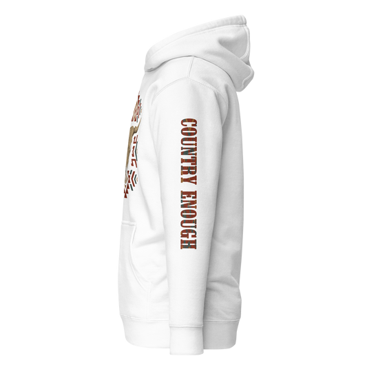 White hoodie with graphic of aztec patter, bull skull, and the words country enough #white